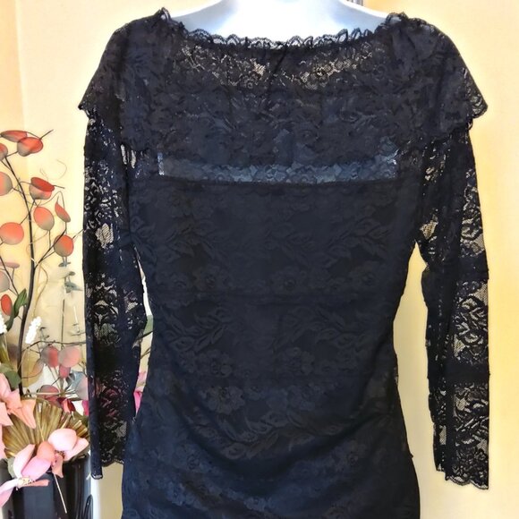 NWT Simon Chang Women’s Black Lace Ruffle Scoop Neck Blouse Top 3/4 Sleeve - Picture 10 of 11